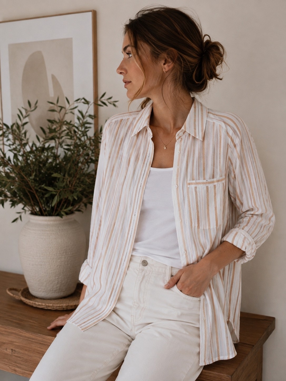 HKR Collections Linen Blend Striped Button-Up Shirt Size M